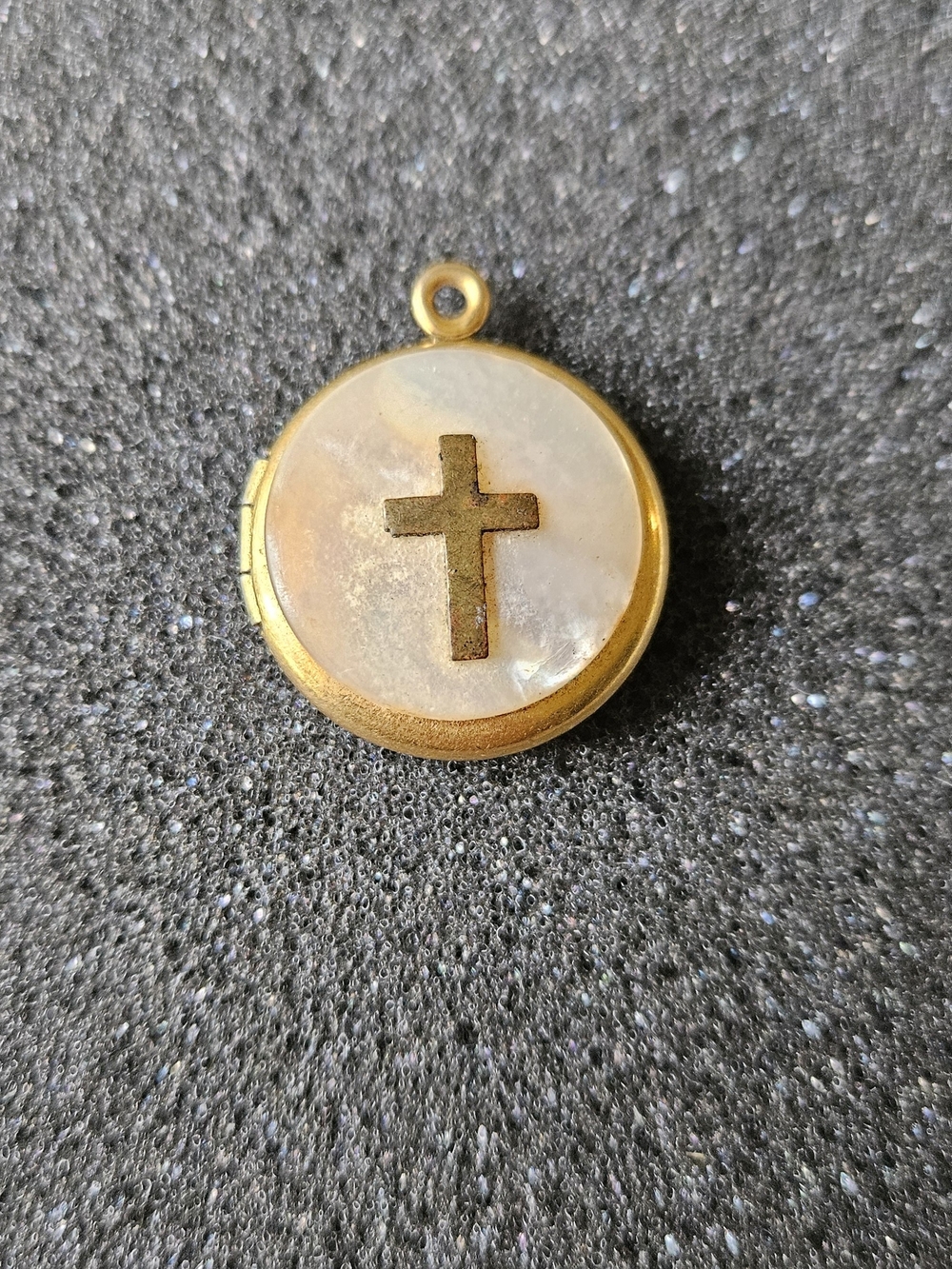 Vintage 12K GF Latin Cross Mother-of-pearl Locket Pendant.